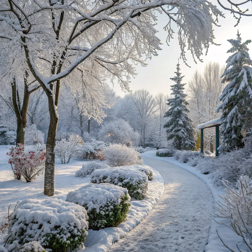 Beautiful winter garden with snow-covered trees